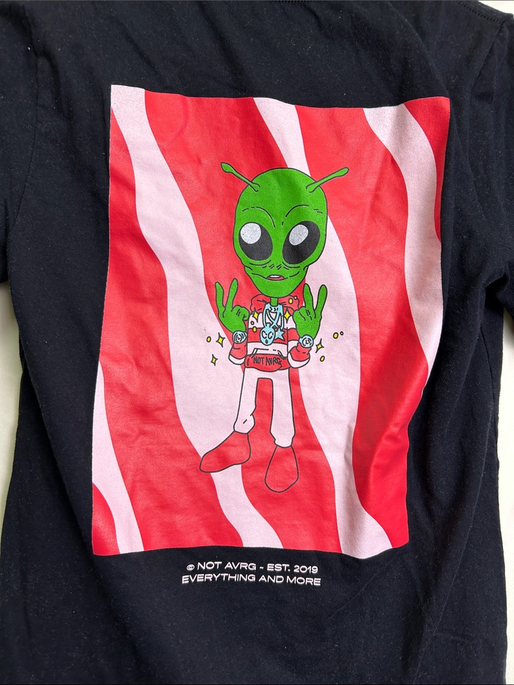 NOT AVRG Black Short Sleeve Graphic Tee with Green Alien Print on Back